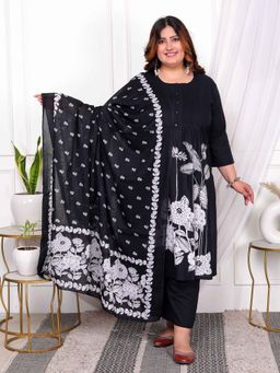 Miravan - Plus Size Black Floral Print Kurta with Palazzo and Dupatta (Set of 3)