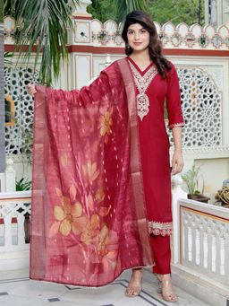 Miravan - Embroidered Pure Silk Red Kurta with Pant and Dupatta (Set of 3)