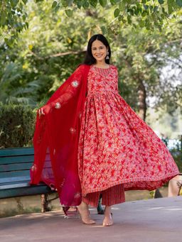 GAYRAA - Red Floral Printed Angarkha with Palazzo and Dupatta (Set of 3)
