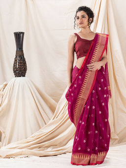 Angoshobha - Traditional Deep Pink Cotton Blended Handloom Saree with Unstitched Blouse