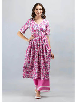 SAK JAIPUR - Pink Women's Cotton Printed Half Sleeves Kurta & Palazzo (Set of 2)