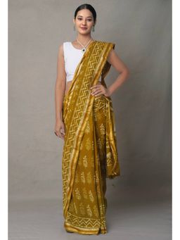 Unnati Silks - Mustard Pure Preet Block Printed Mulmul Cotton Saree with Unstitched Blouse