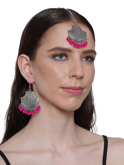 Shoshaa - Silver-Plated Magenta Oxidised Maang Tika And Earrings