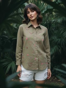 Autumnlane - Green Embroidery cotton shirt