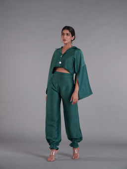 AFFROZ - Asal Midnight Green Crop Top and Pant (Set of 2)