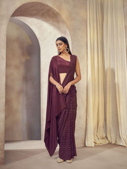 AFFROZ - Sitara Wine Saree with Asymmetrical Cape Stitched Blouse
