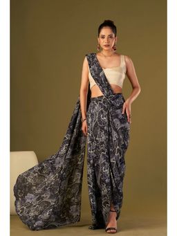AFFROZ - Black Paisley Printed Pre Draped Saree with Stitched Blouse