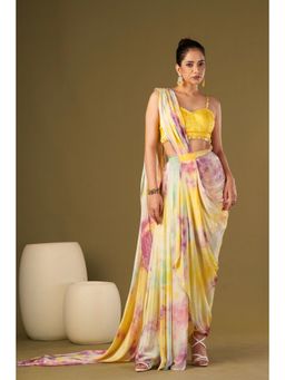 AFFROZ - Yellow Tie & Dyed Drape Saree with Bustier with Stitched