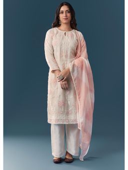 KALKI FASHION - Cream Peach Applique Kurta With Pant And Dupatta
