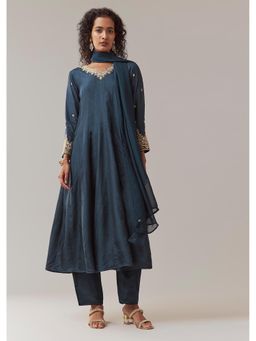 KALKI FASHION - Navy Blue Silk Embellished Anarkali Kurta With Pant & Dupatta