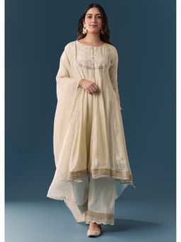 KALKI FASHION - Cream Gotta Lace Tissue Anarkali Kurta With Pant & Dupatta