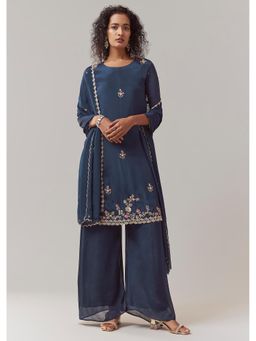 KALKI FASHION - Navy Blue Sequin Work Chinon Kurta Palazzo With Dupatta