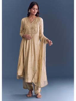 KALKI FASHION - Cream Silk Anarkali Kurta With Pant Zari Thread Embroidery Dupatta