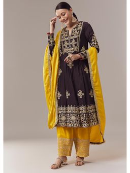 KALKI FASHION - Brown Anarkali Kurta With Zari Cut Dupatta & Sequins Work Pant