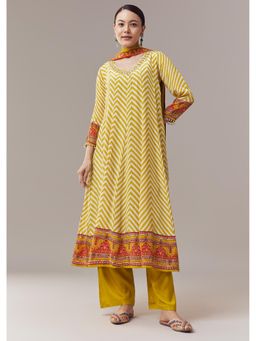 KALKI FASHION - Yellow Anarkali Kurta In Chevron Print With Mirror Moti Pant & Dupatta