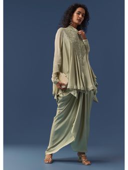 KALKI FASHION - Pista Green Embellished Cape Style Top With Crop Top And Skirt