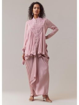 KALKI FASHION - Onion Pink Embellished Cape Style Top With Crop Top And Skirt