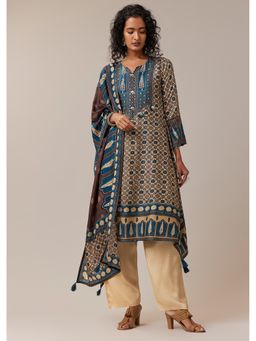 KALKI FASHION - Blue Asymmetric Indie Print Silk Kurta Pant With Dupatta