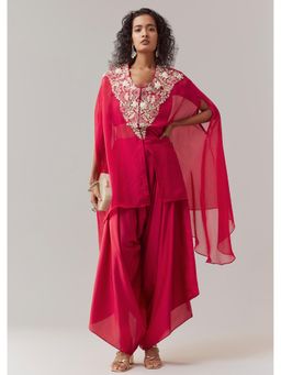 KALKI FASHION - Raspberry Pink Indowestern Embroidered Cape Top With Crop Top & Dhoti