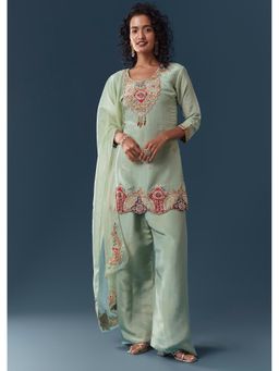KALKI FASHION - Pista Green Tissue Kurti Pant Set With Dupatta