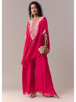 KALKI FASHION - Rani Pink Threadwork Cape With Crop Top & Palazzo