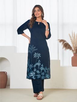 ARAMYA - Soft Cotton Straight Kurta With Pant For Women Blue