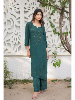 RANGREZA ETHNIC - Blossom Mukaish Green Kurta with Palazzo (Set of 2)