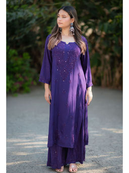 RANGREZA ETHNIC - Blossom Mukaish Purple Kurta with Palazzo (Set of 2)