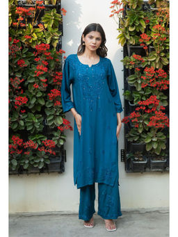 RANGREZA ETHNIC - Blossom Mukaish Teal Kurta with Palazzo (Set of 2)