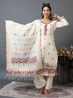 Kidar - Women White Trendy Stylish Comfortable Partywear Kurta with Pant and Dupatta (Set of 3)