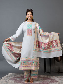 Kidar - Women Grey Trendy Stylish Comfortable Partywear Kurta with Pant and Dupatta (Set of 3)