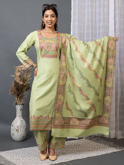 Kidar - Women Green Trendy Stylish Comfortable Partywear Kurta with Pant and Dupatta (Set of 3)