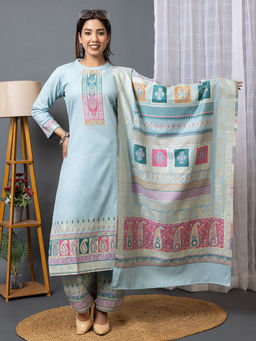 Kidar - Women Turquoise Kurta with Pant and Dupatta (Set of 3)