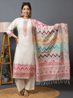 Kidar - Women White Trendy Stylish Comfortable Partywear Kurta with Pant and Dupatta (Set of 3)