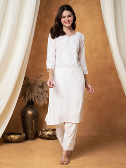 SHADES OF FAASHION - Women White Chikankari Kurta with Pant (Set of 2)