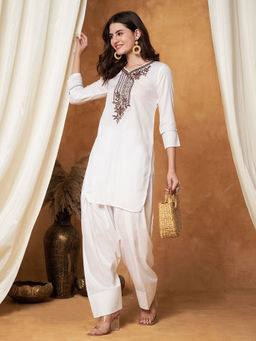 SHADES OF FAASHION - Women Off White Chikankari Kurta with Farshi Salwar (Set of 2)