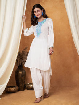 SHADES OF FAASHION - Women Off White Chikankari Kurta with Farshi Salwar (Set of 2)