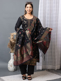 Kidar - Women Black Trendy Stylish Comfortable Partywear Kurta with Pant and Dupatta (Set of 3)