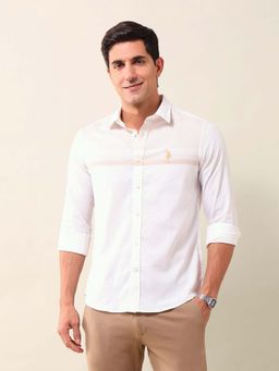 U.S. POLO ASSN. - Solid/Plain Off White Full Sleeves Collar Neck Shirt