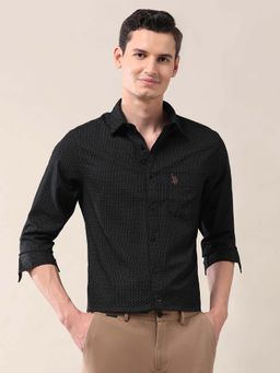 U.S. POLO ASSN. - Printed Black Full Sleeves Collar Neck Shirt