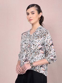 CRIMSOUNE CLUB - Women's Multi-Colour Animal Printed V-Neck Top