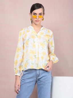 CRIMSOUNE CLUB - Women's Yellow Floral Print Mandarin Neck Top