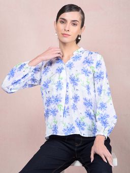 CRIMSOUNE CLUB - Women's Blue Floral Print Mandarin Neck Top
