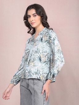 CRIMSOUNE CLUB - Women's Green Floral Print Mandarin Neck Top