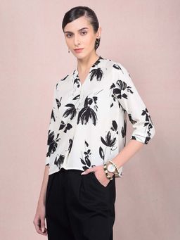 CRIMSOUNE CLUB - Women's Black Floral Print V-Neck Top