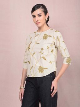 CRIMSOUNE CLUB - Women's Beige Embroidered Linen Top