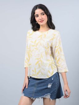 CRIMSOUNE CLUB - Women's Mustard Floral Print Linen Top