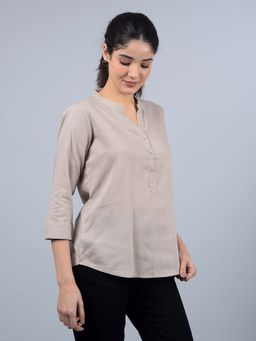 CRIMSOUNE CLUB - Women's Beige V-Neck Linen Top
