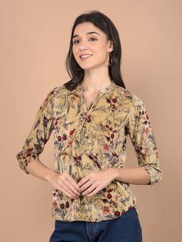 CRIMSOUNE CLUB - Women's Beige Floral Print V-Neck Top