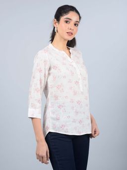 CRIMSOUNE CLUB - Women's Peach Floral Print V-Neck Linen Top